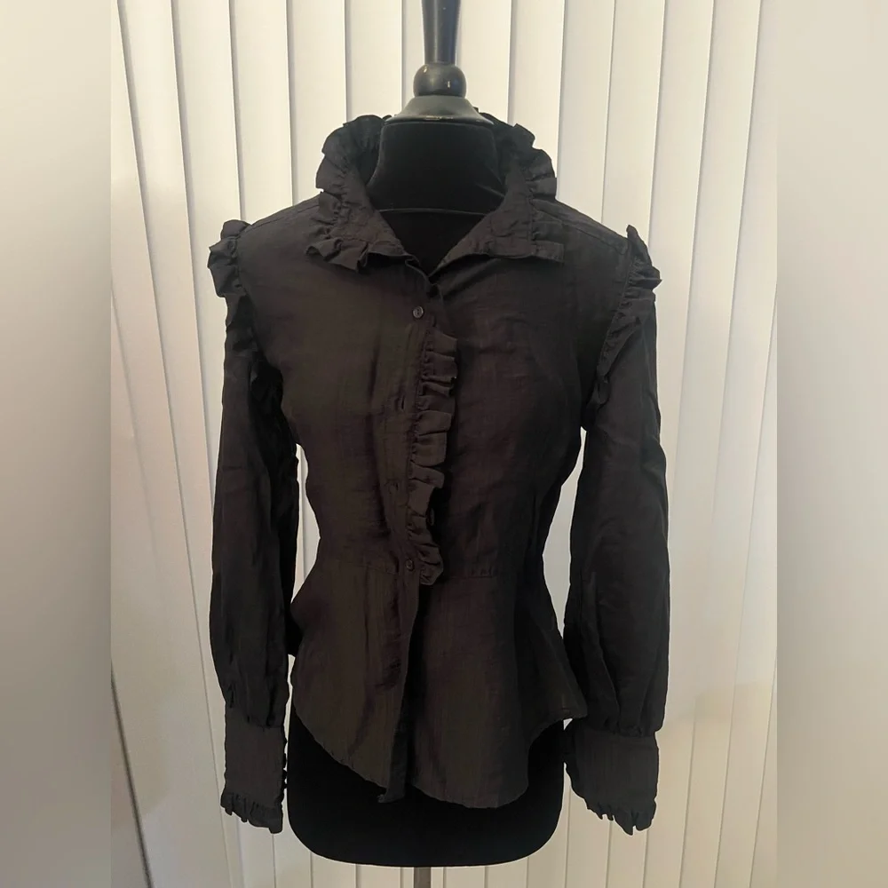 Sabina Musayev black ruffle fitted high neck button up marcel top size S - Picture 2 of 4